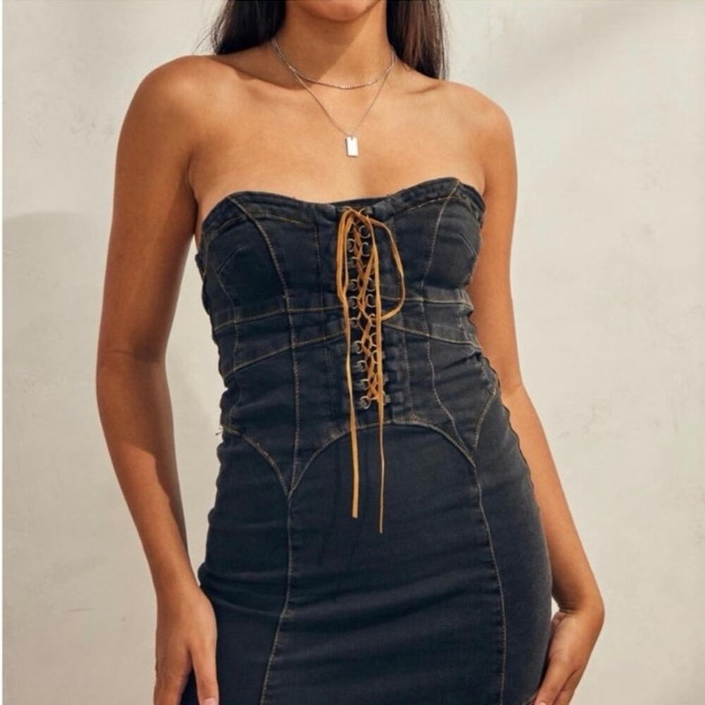 BDG Strapless Denim Mini Corset Lace Up Dress Rodeo Western Y2K